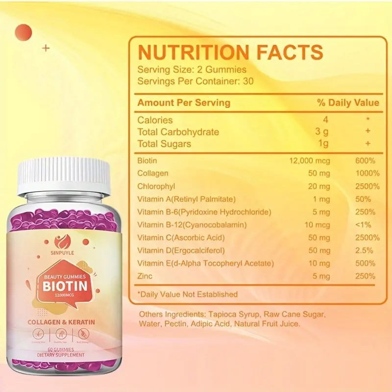 Sinpuyle Biotin Beauty Gummies with Collagen & Keratin-1 Bottle 60 Count