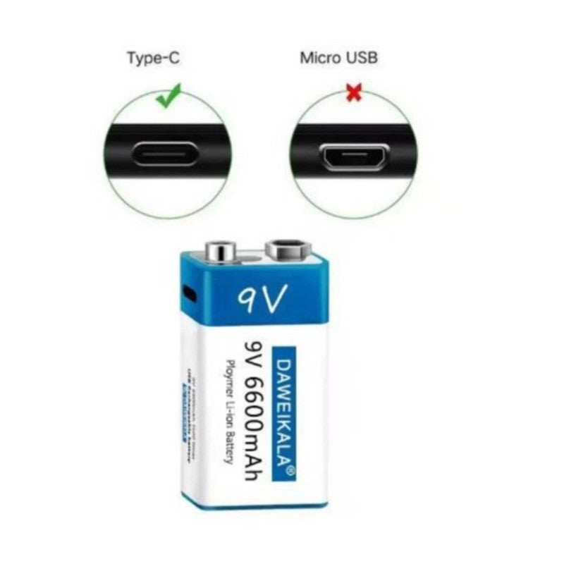 9V 6600mAh Li-ion Battery USB Rechargeable with TEYT-C Port Fast Charging