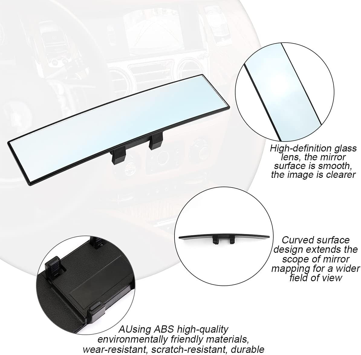 Car Rearview Mirrors, Shock Resistant Interior Clip-on Panoramic Rear View 12in