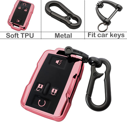 Chevy key fob cover, TPU, 4-btn, fits GMC/Chevy models, red, w/keychain.
