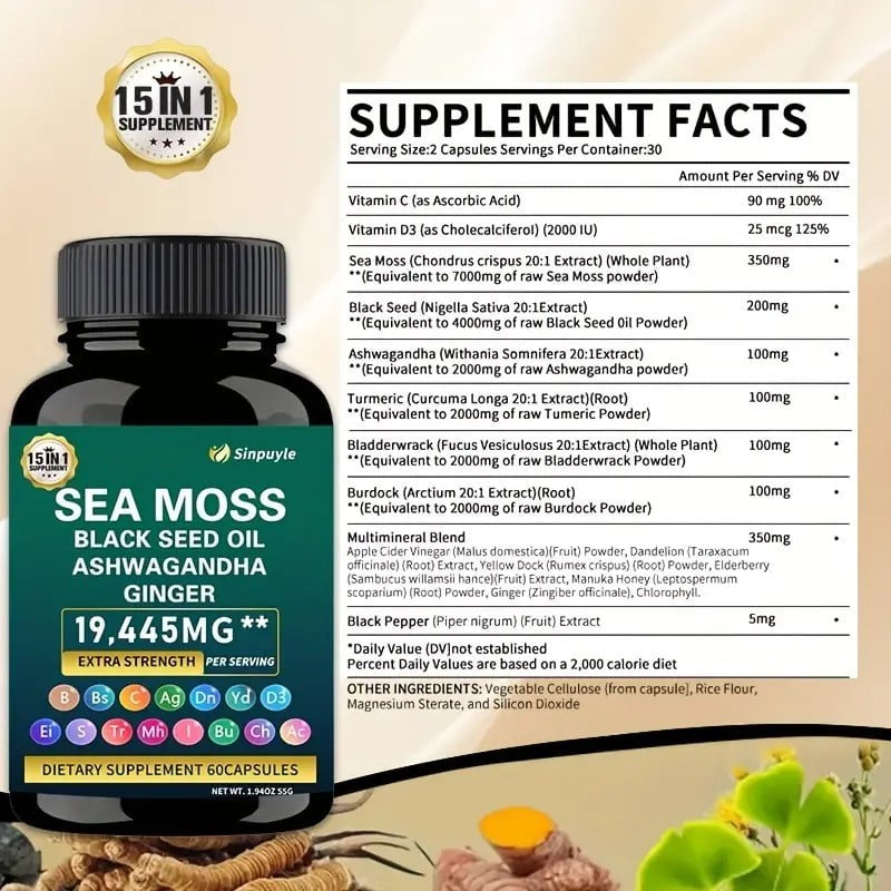 Sinpuyle 15-in-1 Sea Moss+8-in-1Shilajit Ashwagandha Supplement Bundle-2 Bottles