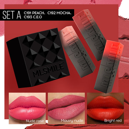 3 Colors/set Lipstick Fashion Red Makeup Matte Velvet Lip Gloss Non-Stick Cup