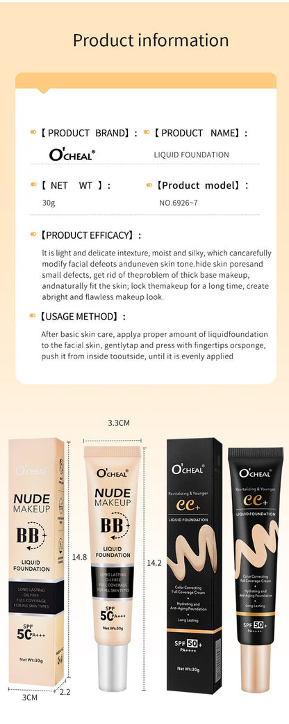 BB Cream CC SPF50+ PA+++ Tinted Moisturizer Primer Full Coverage Hydrating