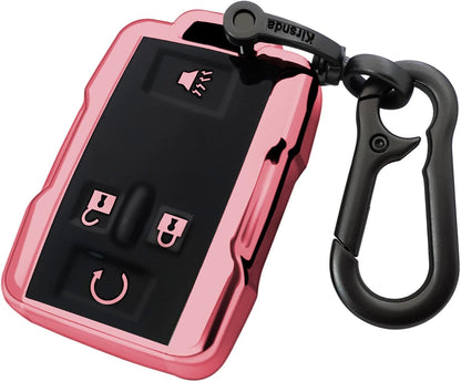 Chevy key fob cover, TPU, 4-btn, fits GMC/Chevy models, red, w/keychain.
