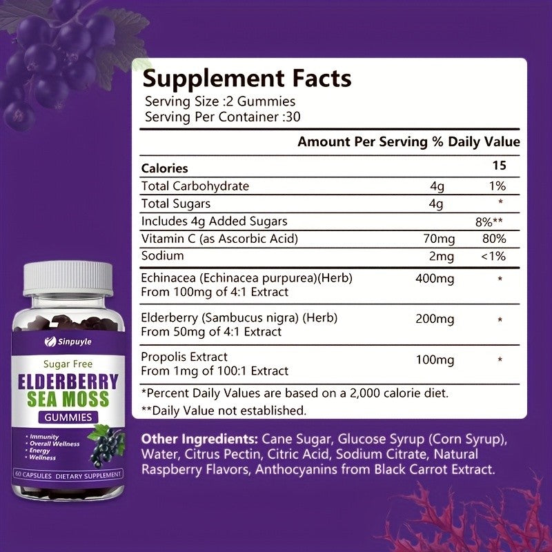 Sinpuyle Sugar Free Elderberry Sea Moss Gummies Energy Boost Supplement-1 Bottle