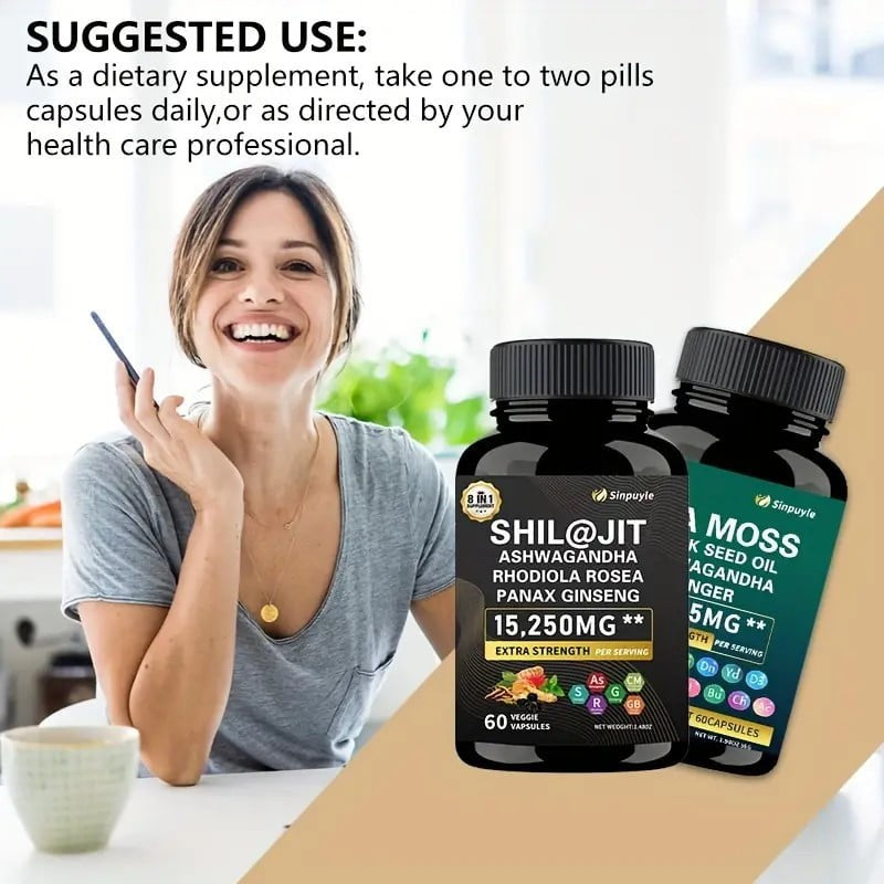 Sinpuyle 15-in-1 Sea Moss+8-in-1Shilajit Ashwagandha Supplement Bundle-2 Bottles