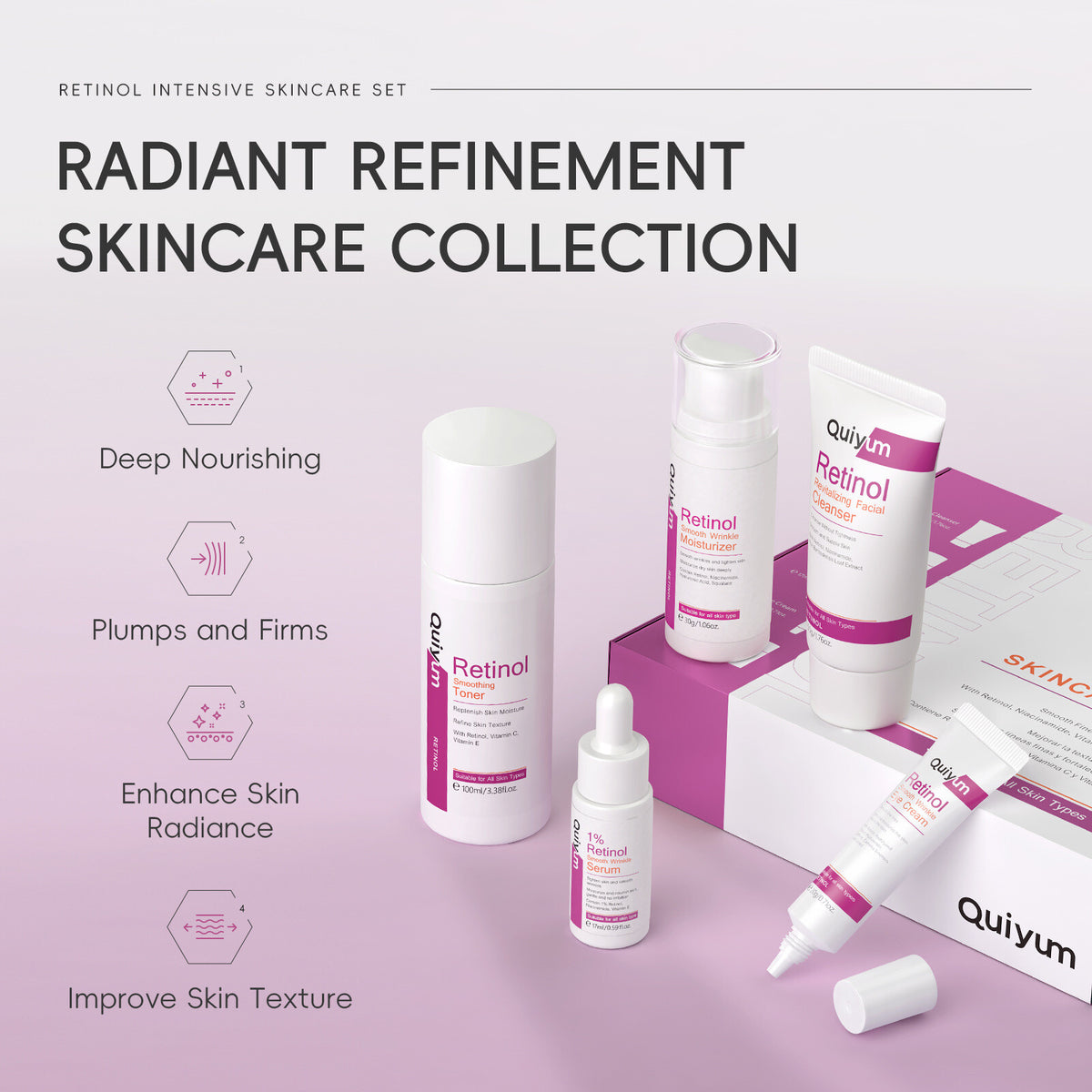 Skin Care Sets 5pcs Gift Box Retinol Cleanser Toner Serum Moisturizer EyeCream