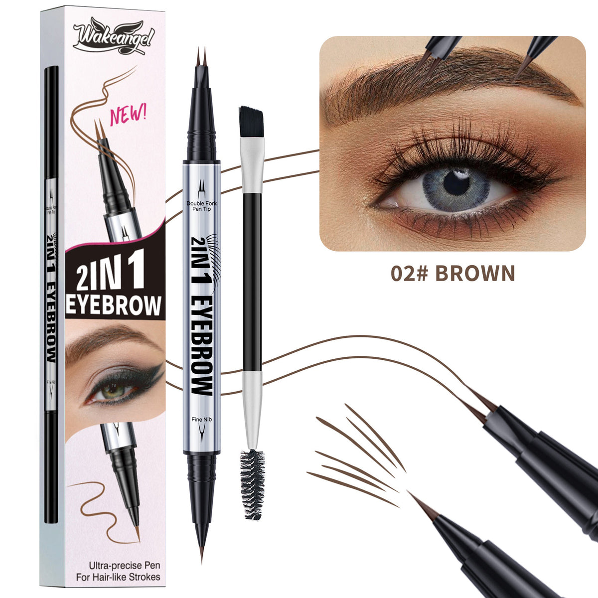 Dual-Ended Eyebrow Liner 2-Prong Tip + Blending Brush, Sweatproof Makeup