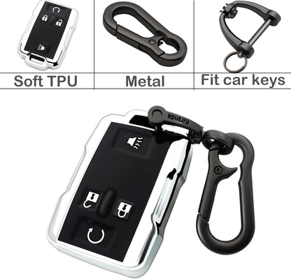 Chevy key fob cover, TPU, 4-btn, fits GMC/Chevy models, red, w/keychain.