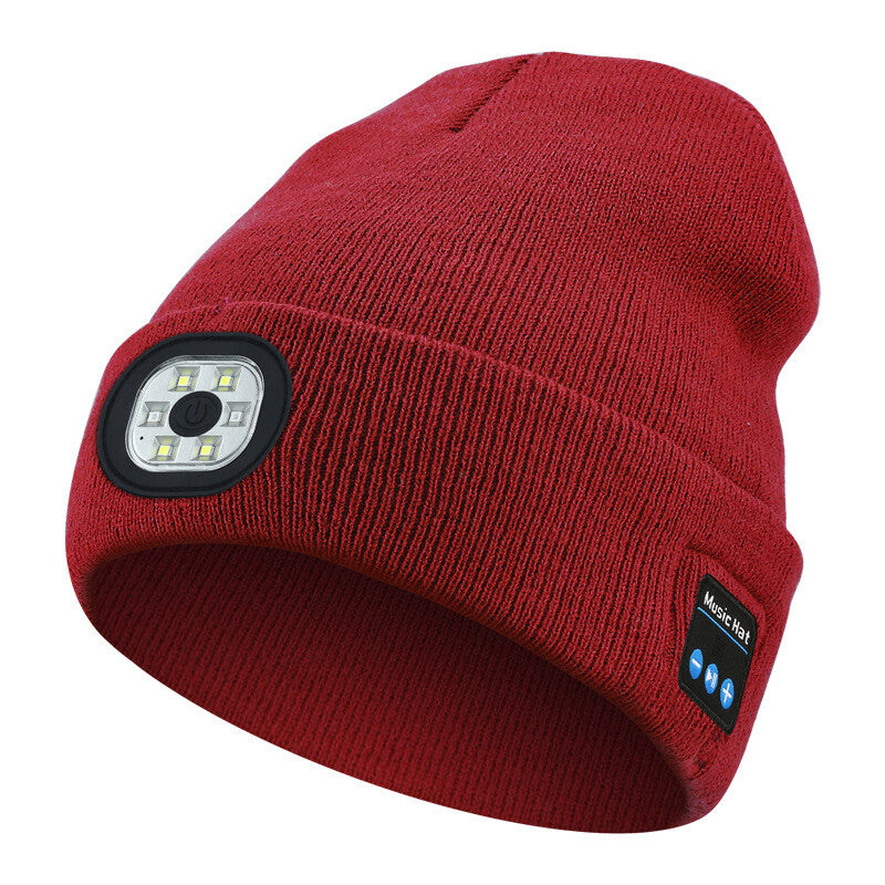 Bluetooth Beanie Hat with Light, Unisex USB Rechargeable 4 LED Headlamp Cap with