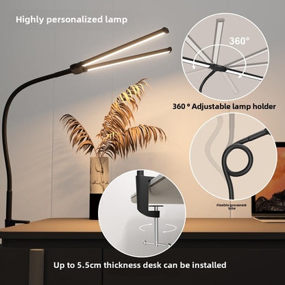 LED Desk Lamp Adjustable Gooseneck Dual Head Clip-On Eye Protection Study Light
