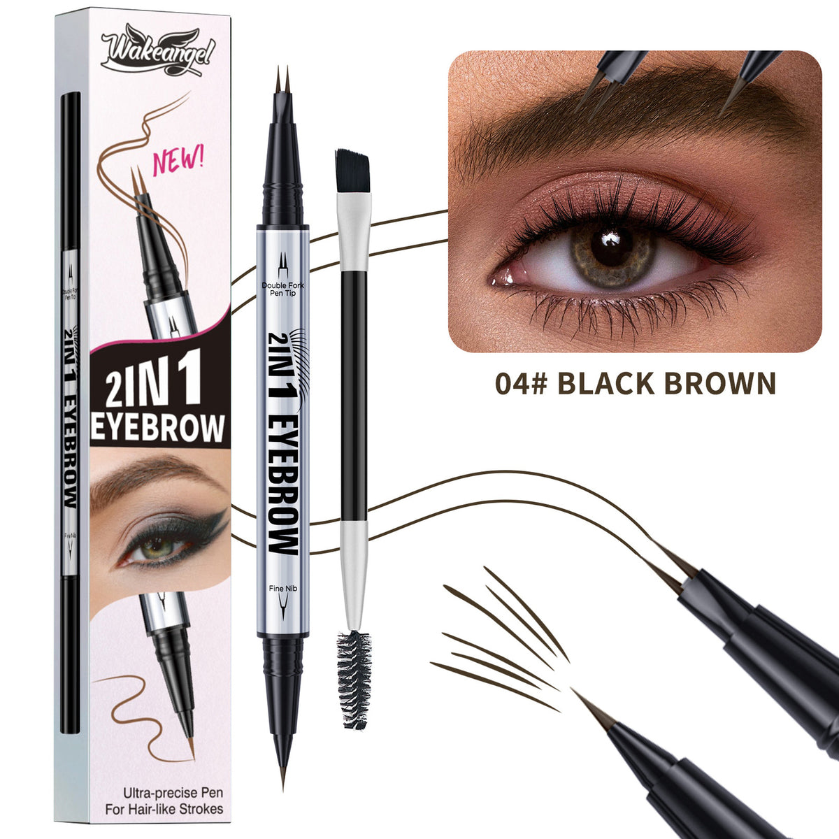 Dual-Ended Eyebrow Liner 2-Prong Tip + Blending Brush, Sweatproof Makeup