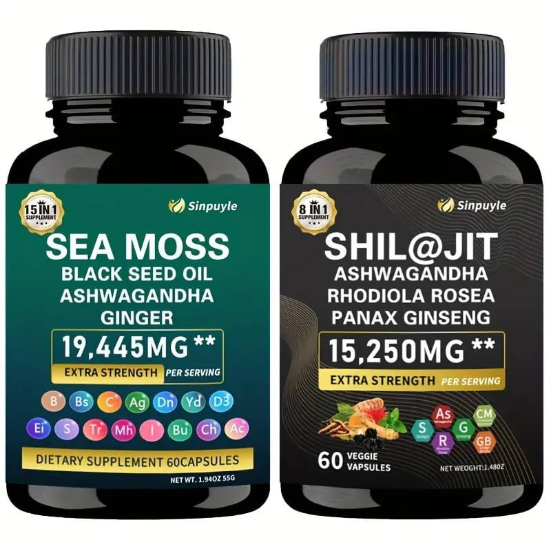 Sinpuyle 15-in-1 Sea Moss+8-in-1Shilajit Ashwagandha Supplement Bundle-2 Bottles