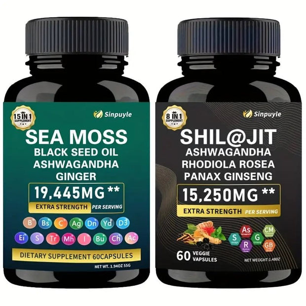 Sinpuyle 15-in-1 Sea Moss+8-in-1Shilajit Ashwagandha Supplement Bundle-2 Bottles