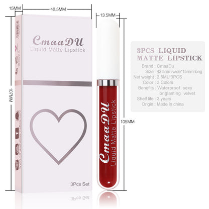 3pcs Matte Liquid Lipstick Set Transfer Proof Long Lasting Non-Sticky Lip Gloss