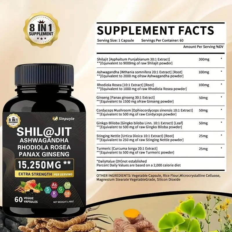Sinpuyle 15-in-1 Sea Moss+8-in-1Shilajit Ashwagandha Supplement Bundle-2 Bottles