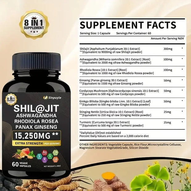 Sinpuyle 15-in-1 Sea Moss+8-in-1Shilajit Ashwagandha Supplement Bundle-2 Bottles