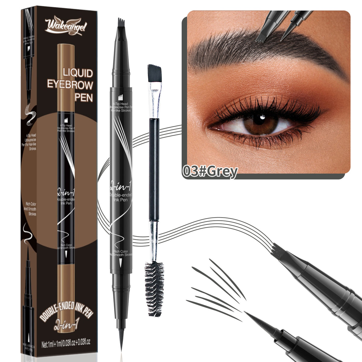 4-Prong Dual-Ended Eyebrow Liner - Quick-Dry, Waterproof, W/Spoolie Brush
