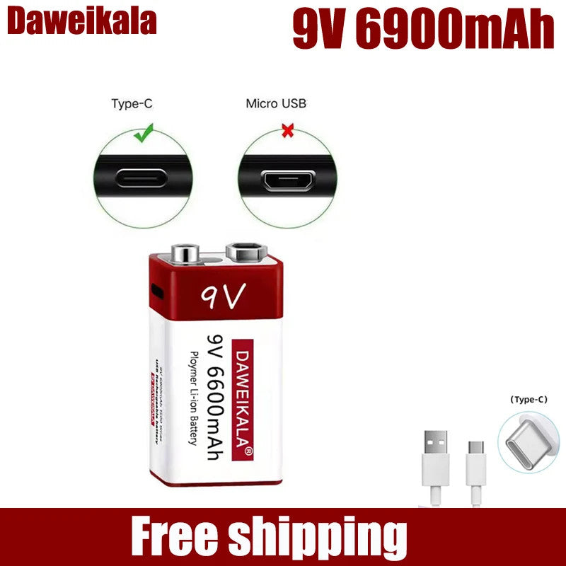 9V 6900mAh Rechargeable Li-ion Battery High Capacity for Multimeter Microphone