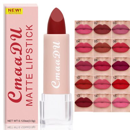 15-Color Matte Lipstick - Waterproof, Long-Lasting, Non-Stick Vegan