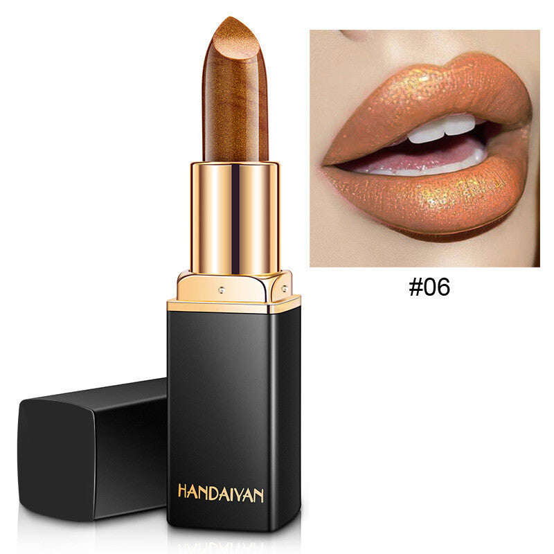 Color-Changing Pearl Lipstick Glitter Shine Metallic Gold Plated Waterproof