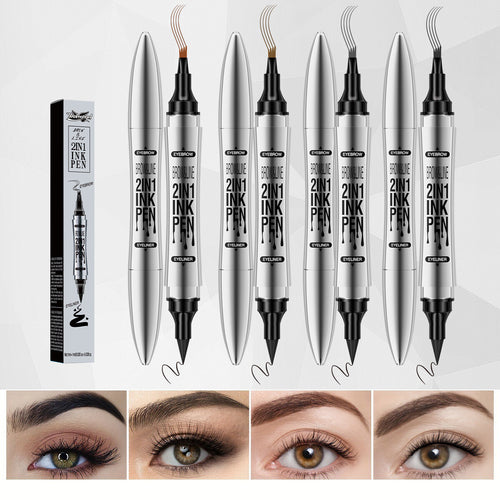 2in1 4 Forked Eyebrow Liner Brow Pen Eyeliner - Real Hair Strokes, Waterproof
