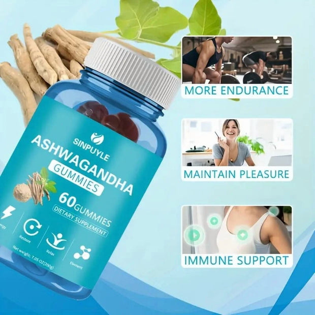 Sinpuyle Ashwagandha Gummies Natural Adaptogen Supplement-1 Bottle 60 Count