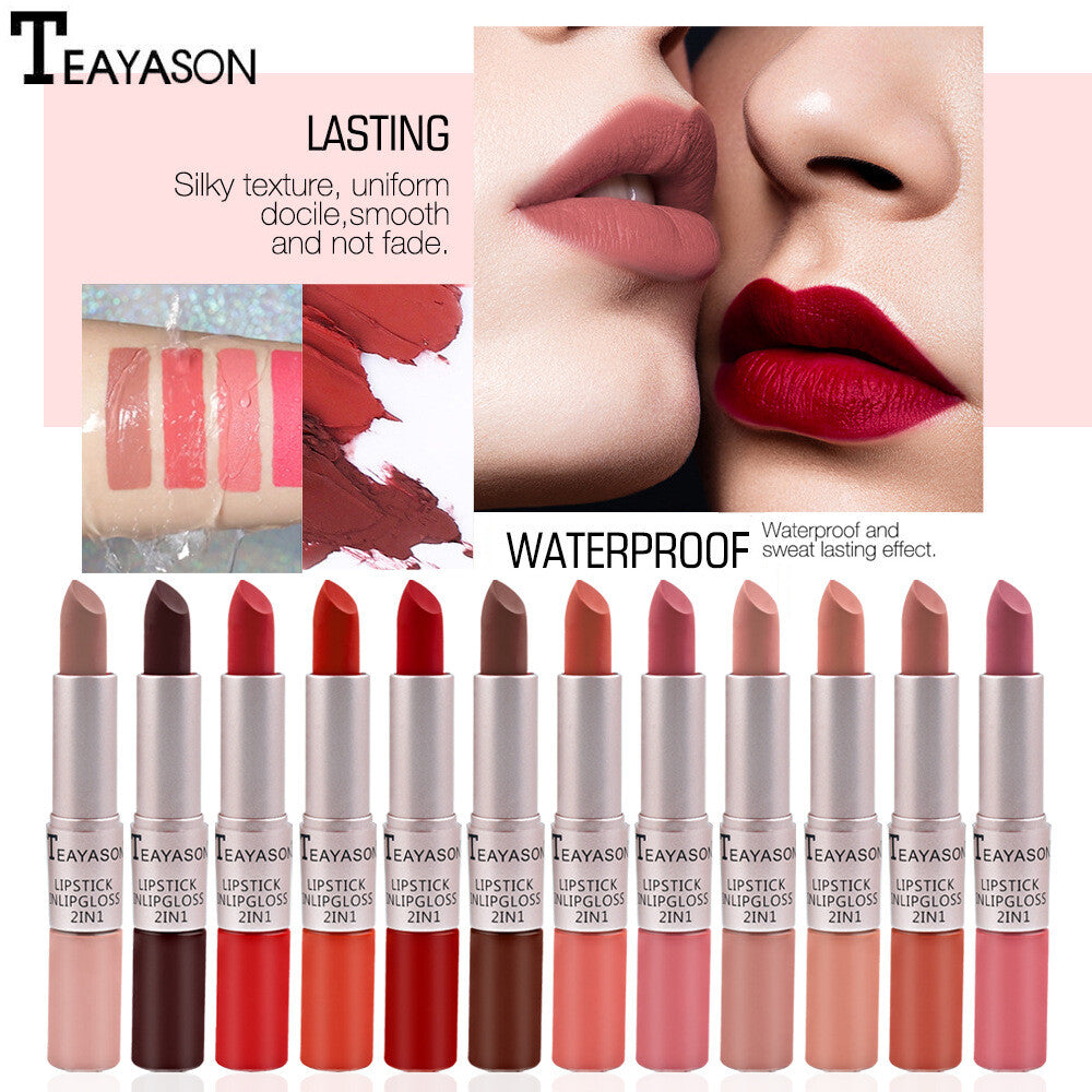 2-in-1 Lipstick & Lip Gloss Matte & Glossy Double Ended Waterproof Long Lasting