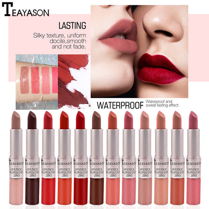 2-in-1 Lipstick & Lip Gloss Matte & Glossy Double Ended Waterproof Long Lasting