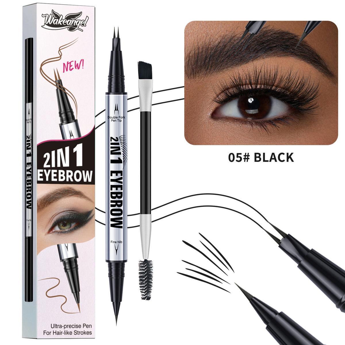 Dual-Ended Eyebrow Liner 2-Prong Tip + Blending Brush, Sweatproof Makeup