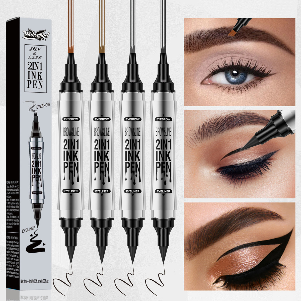 2in1 4 Forked Eyebrow Liner Brow Pen Eyeliner - Real Hair Strokes, Waterproof