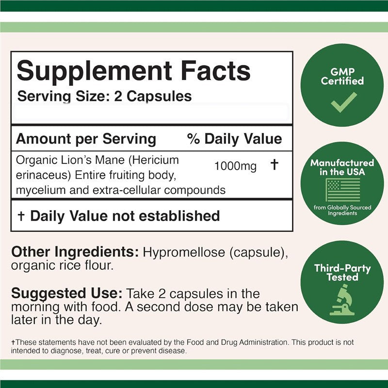 Lions Mane Mushroom Capsules 10 1 Extract for Brain Memory Support 60 Vegan Caps