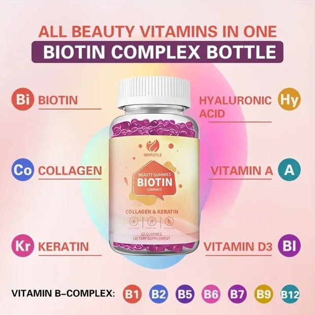 Sinpuyle Biotin Beauty Gummies with Collagen & Keratin-1 Bottle 60 Count