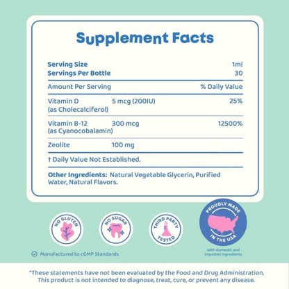 Kids Zeolite Drops with Vitamin D3 & B12, Natural Berry Flavor Liquid Support