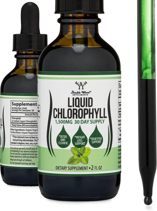 Double Wood Chlorophyll Drops for Digestion, Gut Health & Detox - Rich 2oz Mint