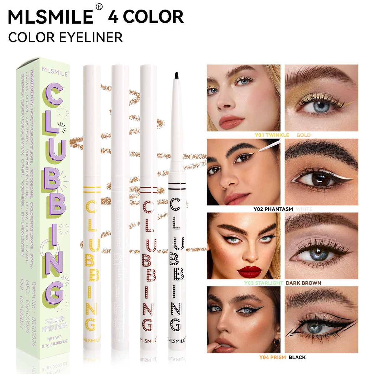 Waterproof Eyeliner Pencil Gold White Black Colorful Smudge-Proof Long Lasting