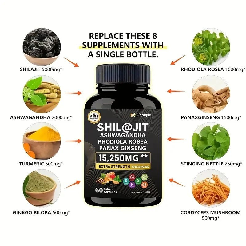 Sinpuyle 15-in-1 Sea Moss+8-in-1Shilajit Ashwagandha Supplement Bundle-2 Bottles