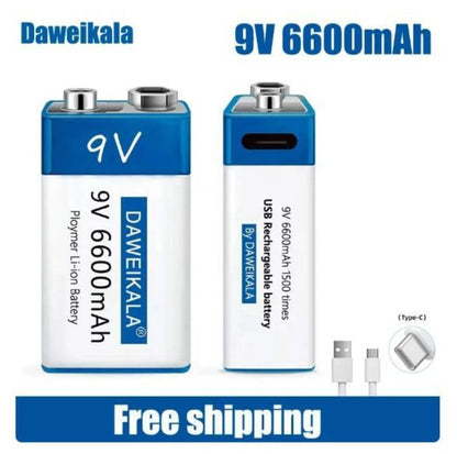 9V 6600mAh Li-ion Battery USB Rechargeable with TEYT-C Port Fast Charging