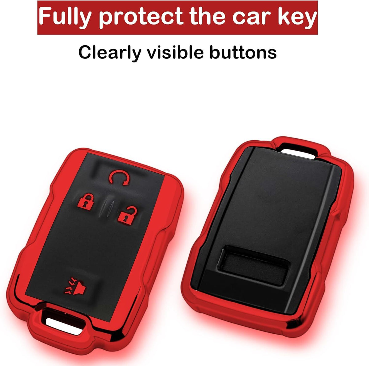 Chevy key fob cover, TPU, 4-btn, fits GMC/Chevy models, red, w/keychain.