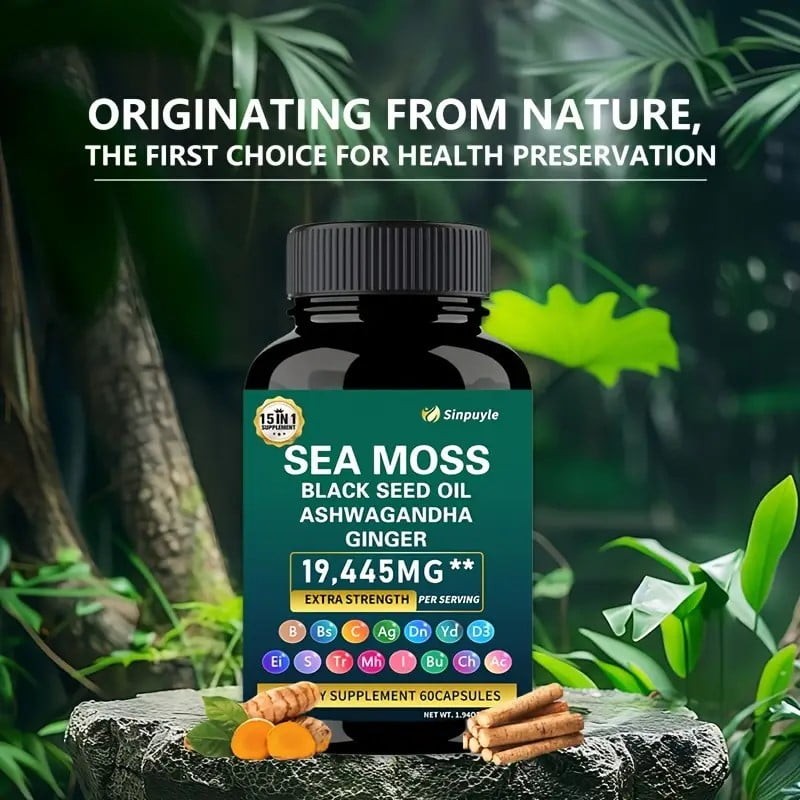 Sinpuyle 15-in-1 Sea Moss+8-in-1Shilajit Ashwagandha Supplement Bundle-2 Bottles