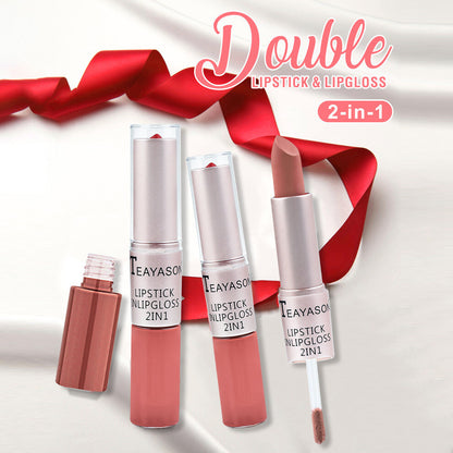 2-in-1 Lipstick & Lip Gloss Matte & Glossy Double Ended Waterproof Long Lasting