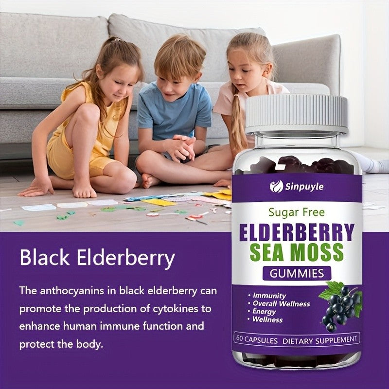 Sinpuyle Sugar Free Elderberry Sea Moss Gummies Energy Boost Supplement-1 Bottle