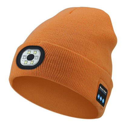 Bluetooth Beanie Hat with Light, Unisex USB Rechargeable 4 LED Headlamp Cap with