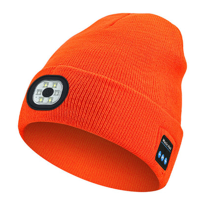 Bluetooth Beanie Hat with Light, Unisex USB Rechargeable 4 LED Headlamp Cap with