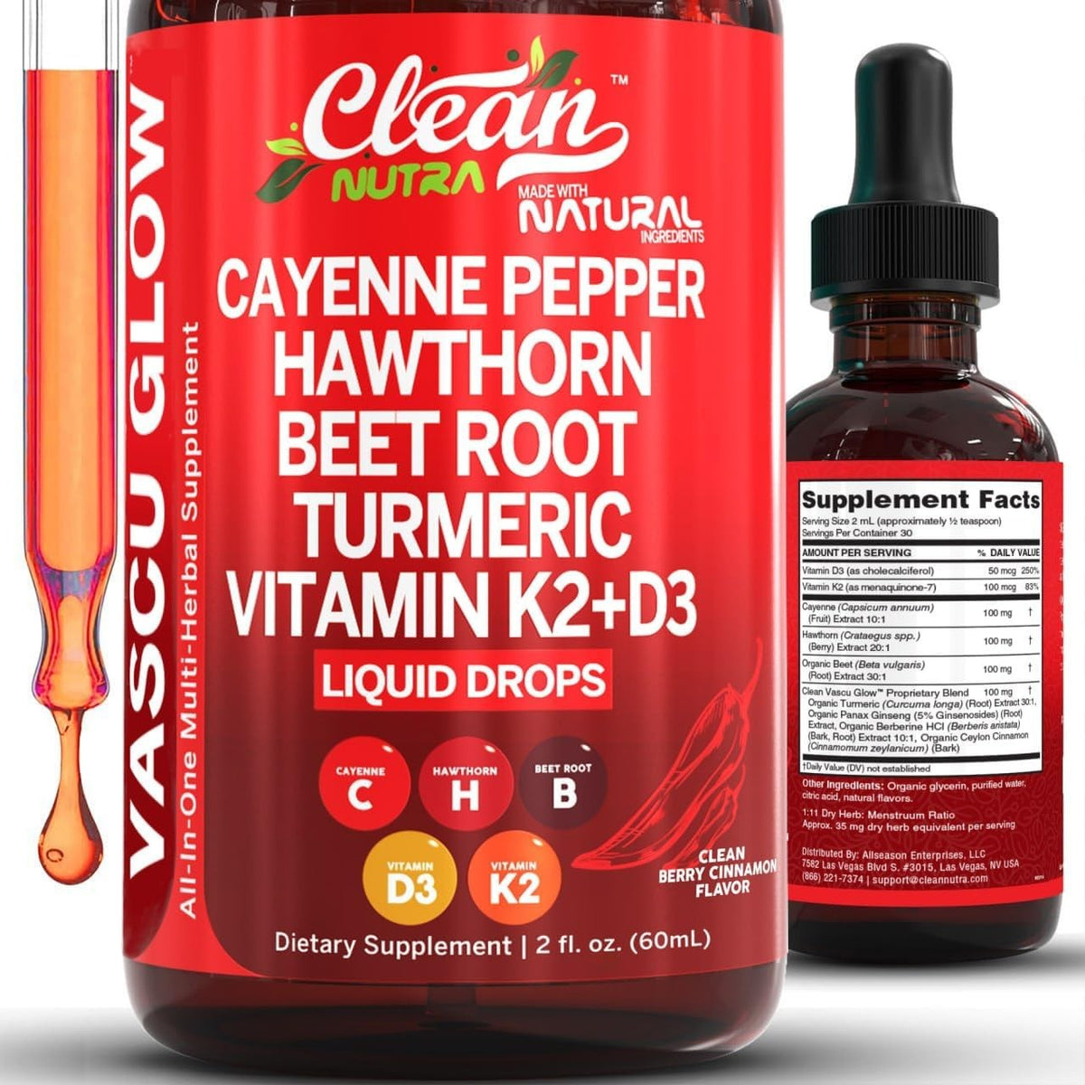 Clean Nutra Cayenne Pepper Drops Supplement Liquid Hawthorn Berry Vitamin D3 K2