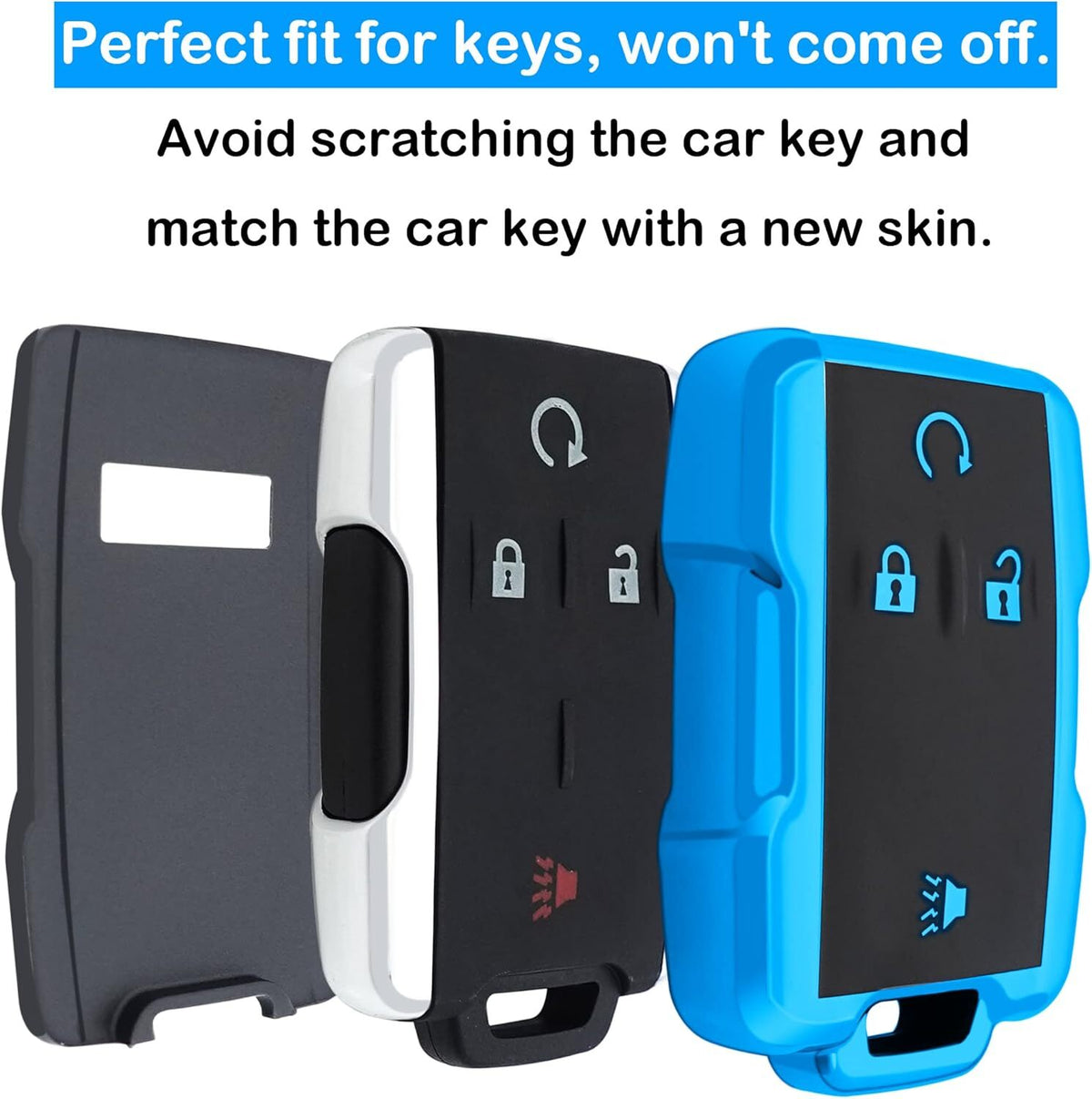 Chevy key fob cover, TPU, 4-btn, fits GMC/Chevy models, red, w/keychain.