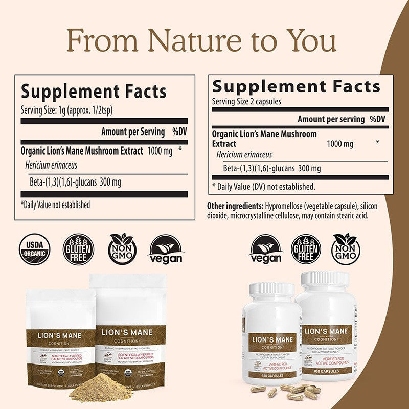 Organic Lions Mane Capsules for Cognitive Function Nerve Health 120 Count