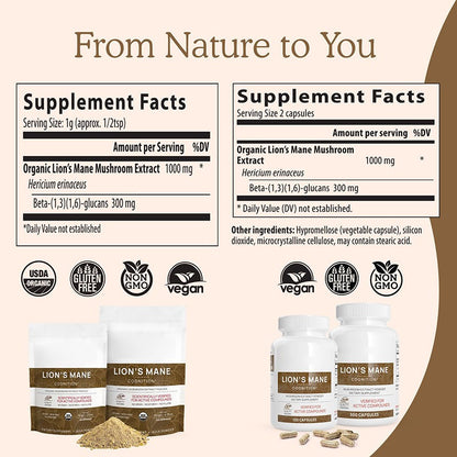 Organic Lions Mane Capsules for Cognitive Function Nerve Health 120 Count
