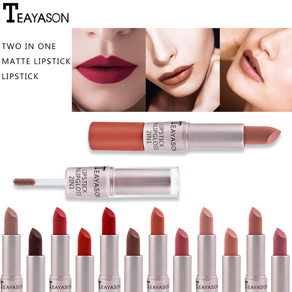 2-in-1 Lipstick & Lip Gloss Matte & Glossy Double Ended Waterproof Long Lasting