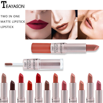 2-in-1 Lipstick & Lip Gloss Matte & Glossy Double Ended Waterproof Long Lasting